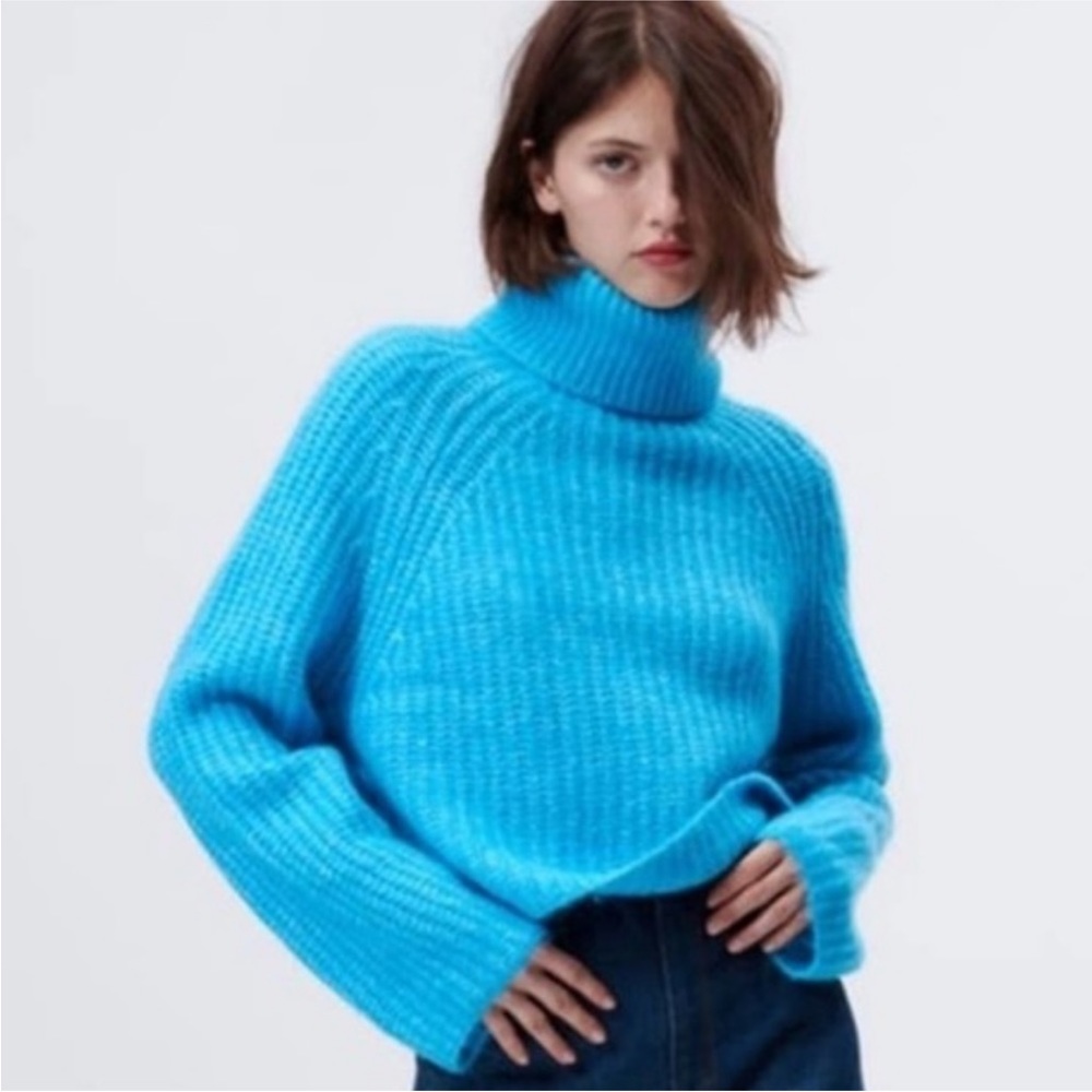 Zara Wool Alpaca Purl Crop Mock Oversized pullover chunky cream sweater S